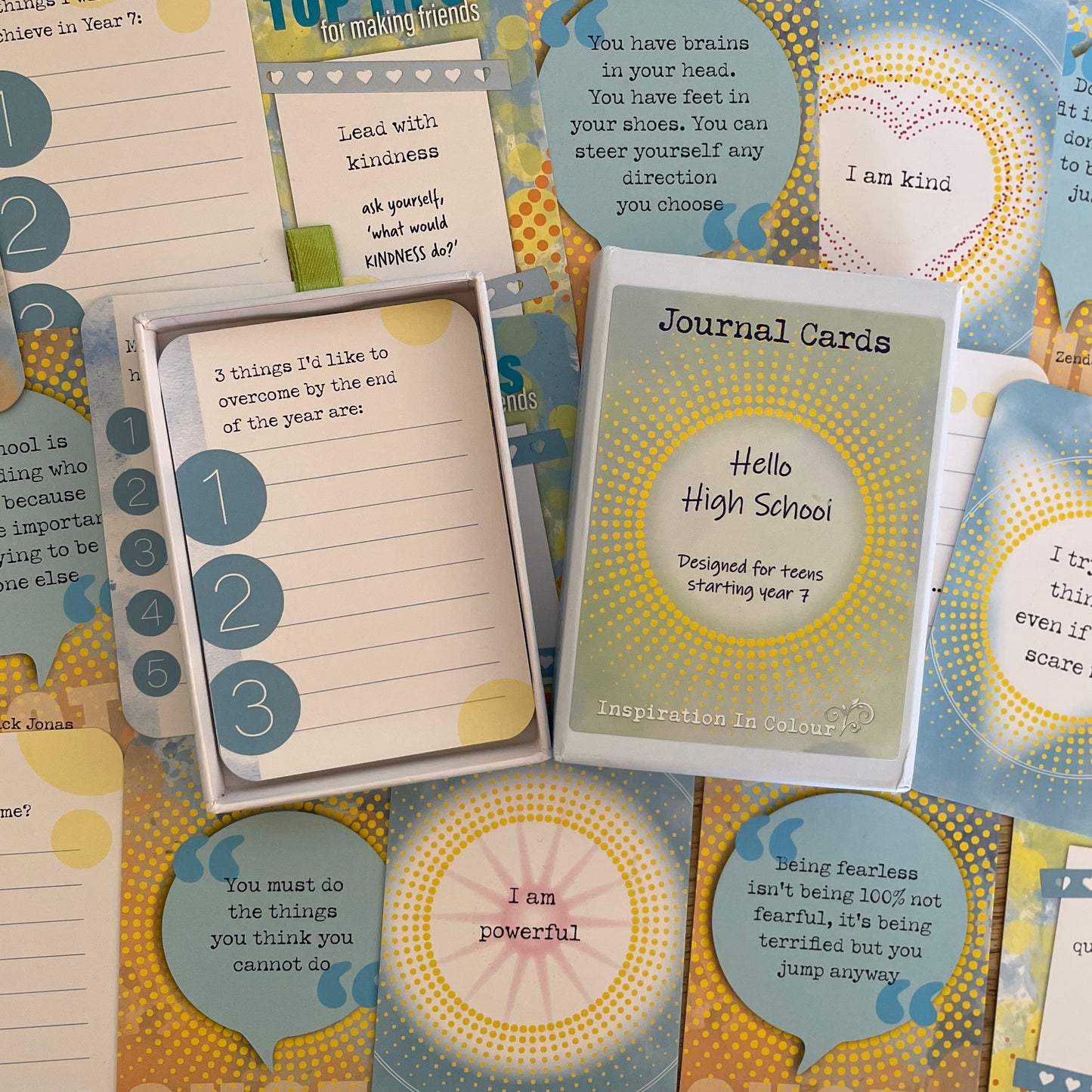 close up on Hello High School journal cards, packed with inspiration, affirmation, tips and guiding