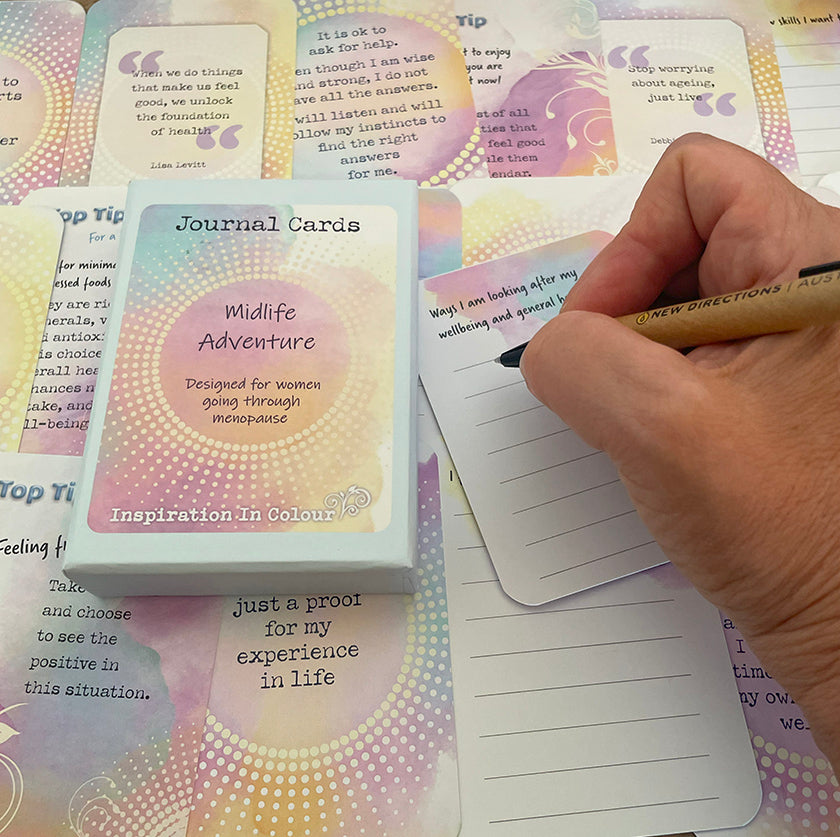 A new way of journaling- Midlife Adventure journal cards for women with inspiring quotes and guiding questions.