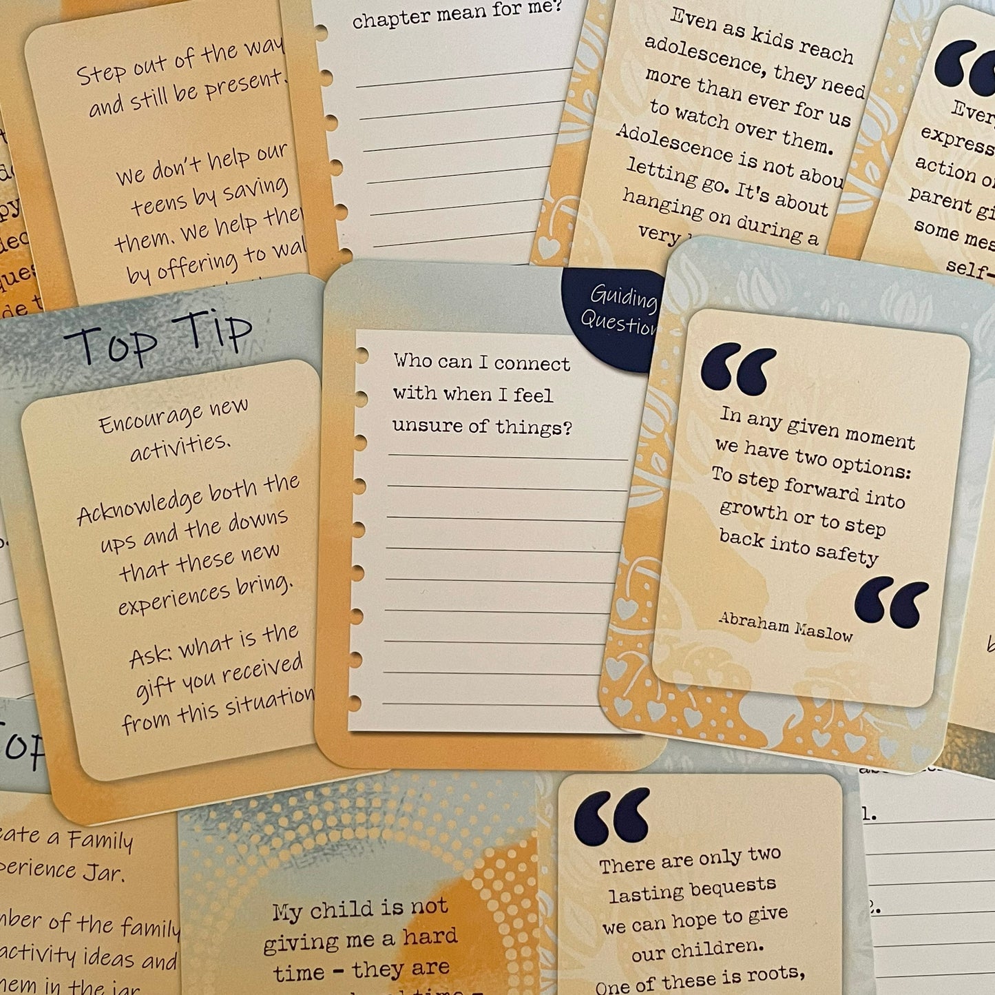 Close-up of My Teen and Me journal cards featuring tips for navigating parenting challenges.