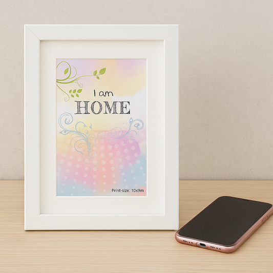 Printable wall art with the phrase “I am Home” in gentle pastel tones and leafy accents — instant digital download for creating a serene, welcoming atmosphere.