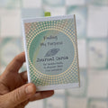 Finding My Purpose Journal Cards – self-discovery deck for women, boxed set with green ribbon pull and teal dotted design, held in hand.