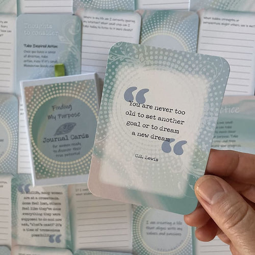 Finding My Purpose Journal Cards – inspirational quote card reading "You are never too old to set another goal or to dream a new dream," C.S. Lewis, shown with deck and journaling cards.