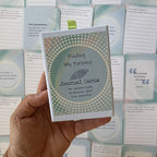 Finding My Purpose Journal Cards – self-discovery deck for women held in hand, green ribbon pull, displayed with journal prompt cards and a "your purpose is not your job title" quote card.