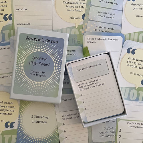 Goodbye High School Journal Cards – deck for Year 12 grads with open box and reflection prompt card "This year I am open to...", surrounded by values and quote cards.