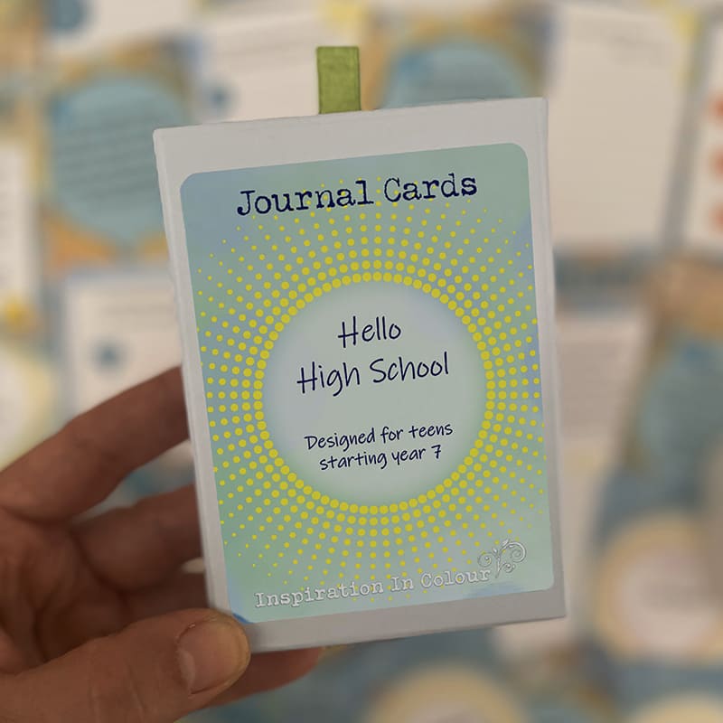Hello High School Journal Cards – deck for teens starting Year 7, boxed set with green ribbon pull, held in hand.