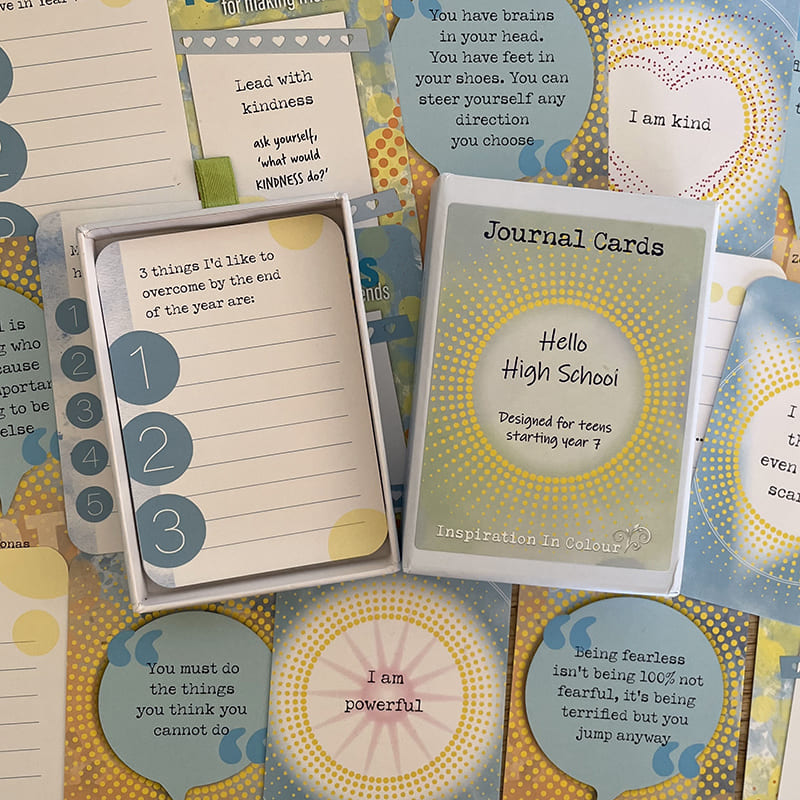 Hello High School Journal Cards – deck for teens starting Year 7, open box with affirmation and goal-setting cards including "I am powerful" and "I am kind."