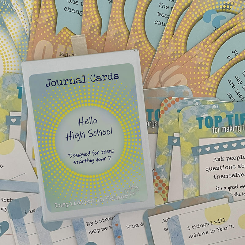 Hello High School Journal Cards – deck for teens starting Year 7, boxed set surrounded by top tip and prompt cards including "3 things I will achieve in Year 7"