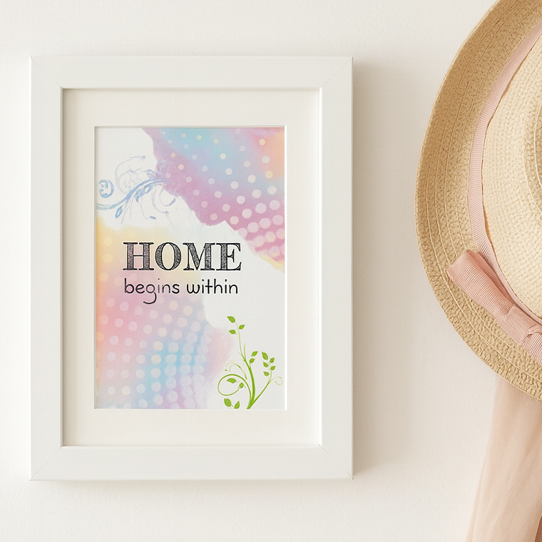 Digital downloadable wall art featuring the quote “Home begins within” in soft pastel colours with floral details  perfect for calm, feminine home décor.