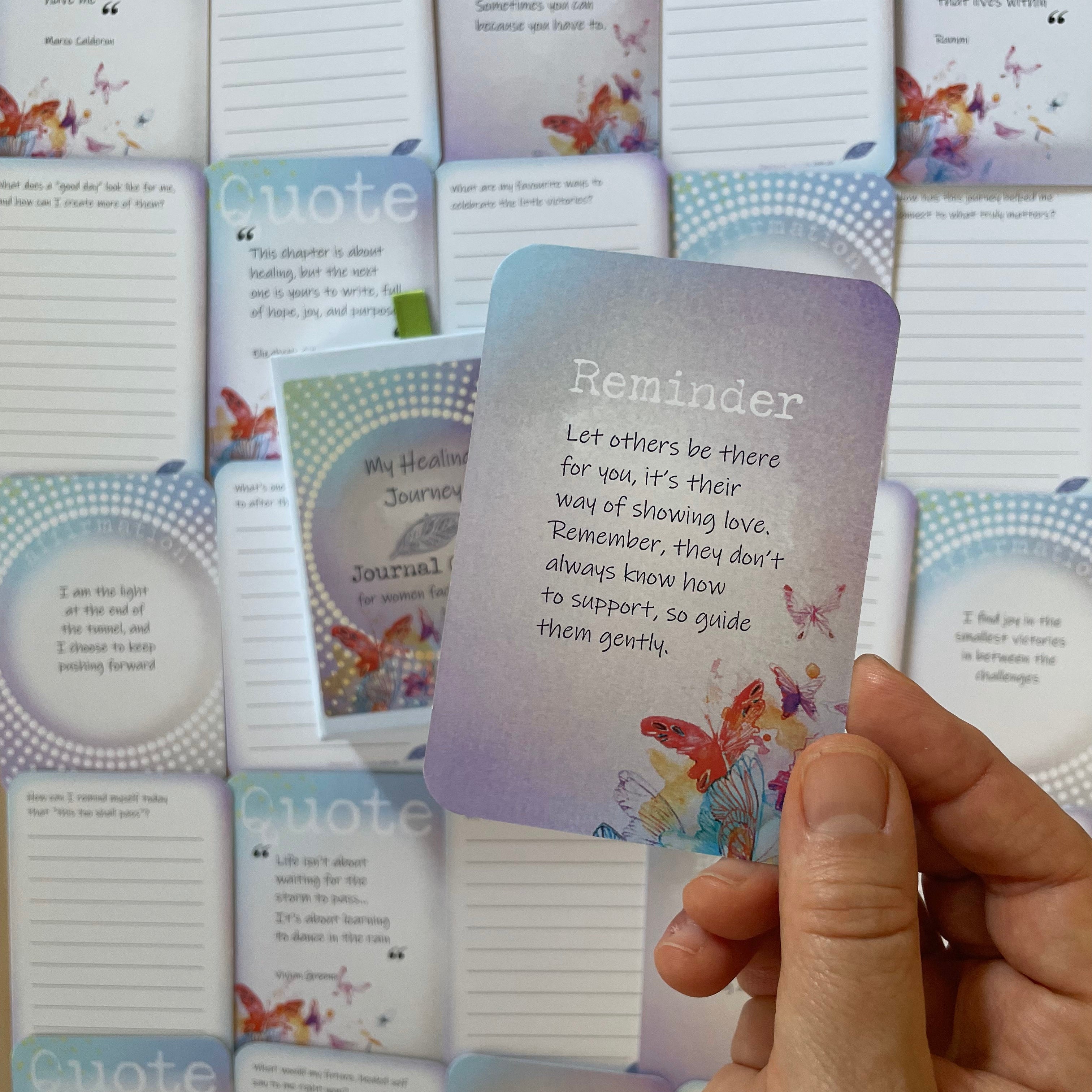 Each set of My healing Journey Journal cards includes affirmation, guiding questions and gentle reminders for women facing cancer