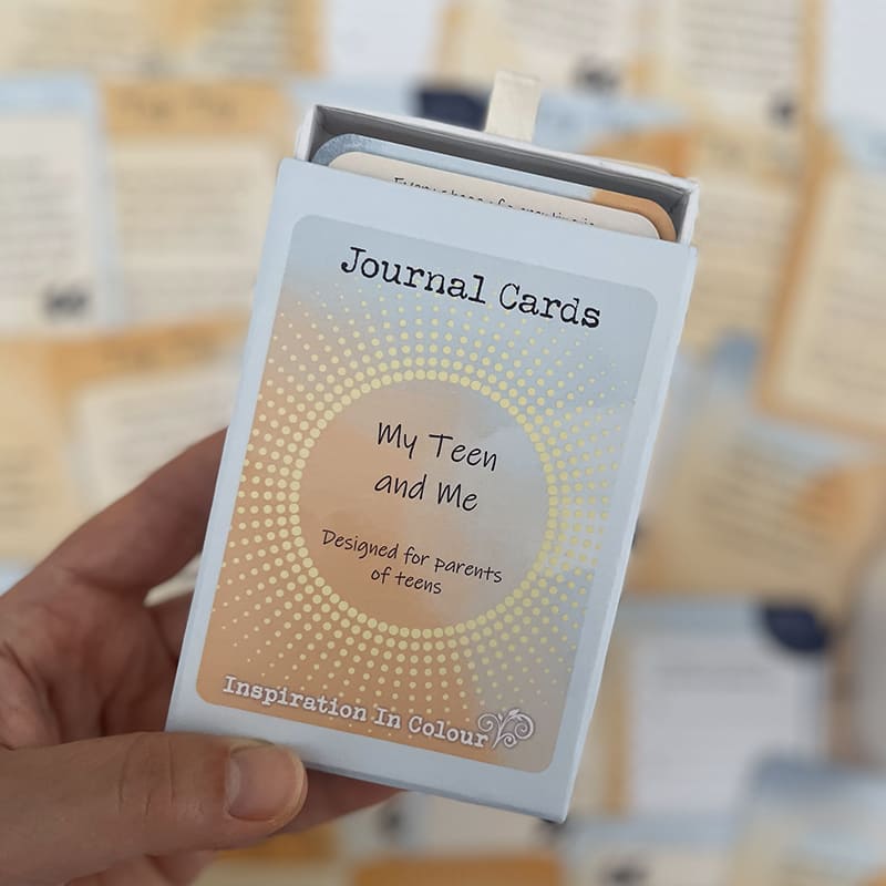 My Teen and Me Journal Cards – deck for parents of teens, open box held in hand by Inspiration In Colour, with prompt cards visible inside