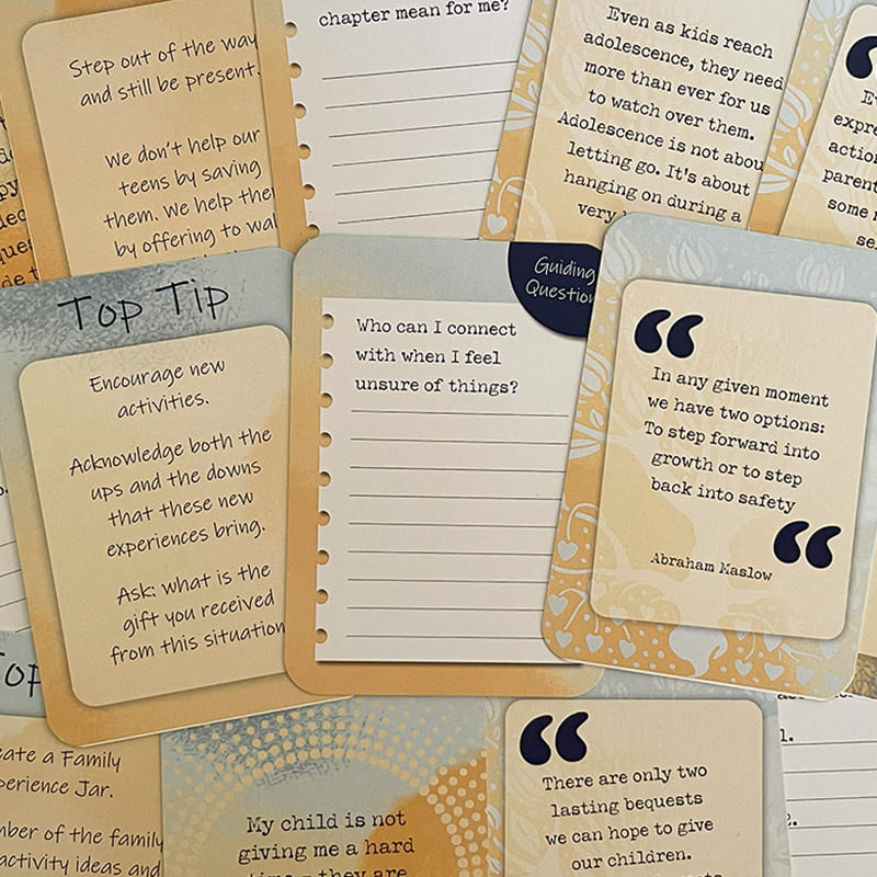 My Teen and Me Journal Cards – deck for parents of teens, close-up of top tip and guiding question cards including "Who can I connect with when I feel unsure of things?" and a quote card by Abraham Maslow