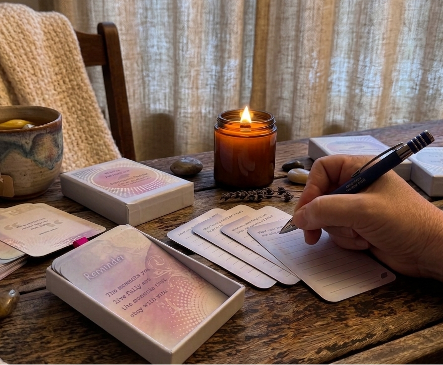 Creating a retreat at home with journal cards prompts and inspirational quotes 